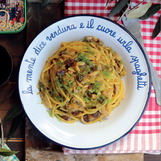 Spaghettoni with Sardines with Lemon, Raisins, and Pine Nuts