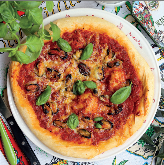 Smoked Mussel, Pecorino Cheese, and Basil Pizza