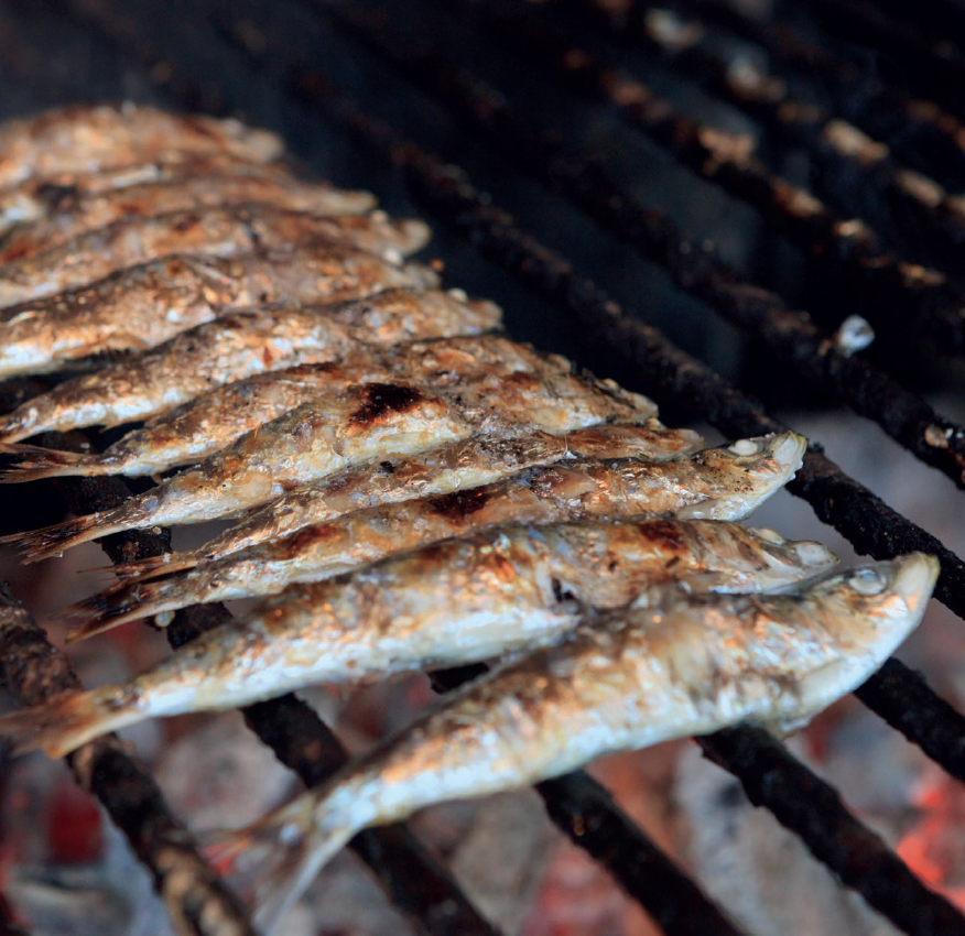Sardines roasting over hot coals